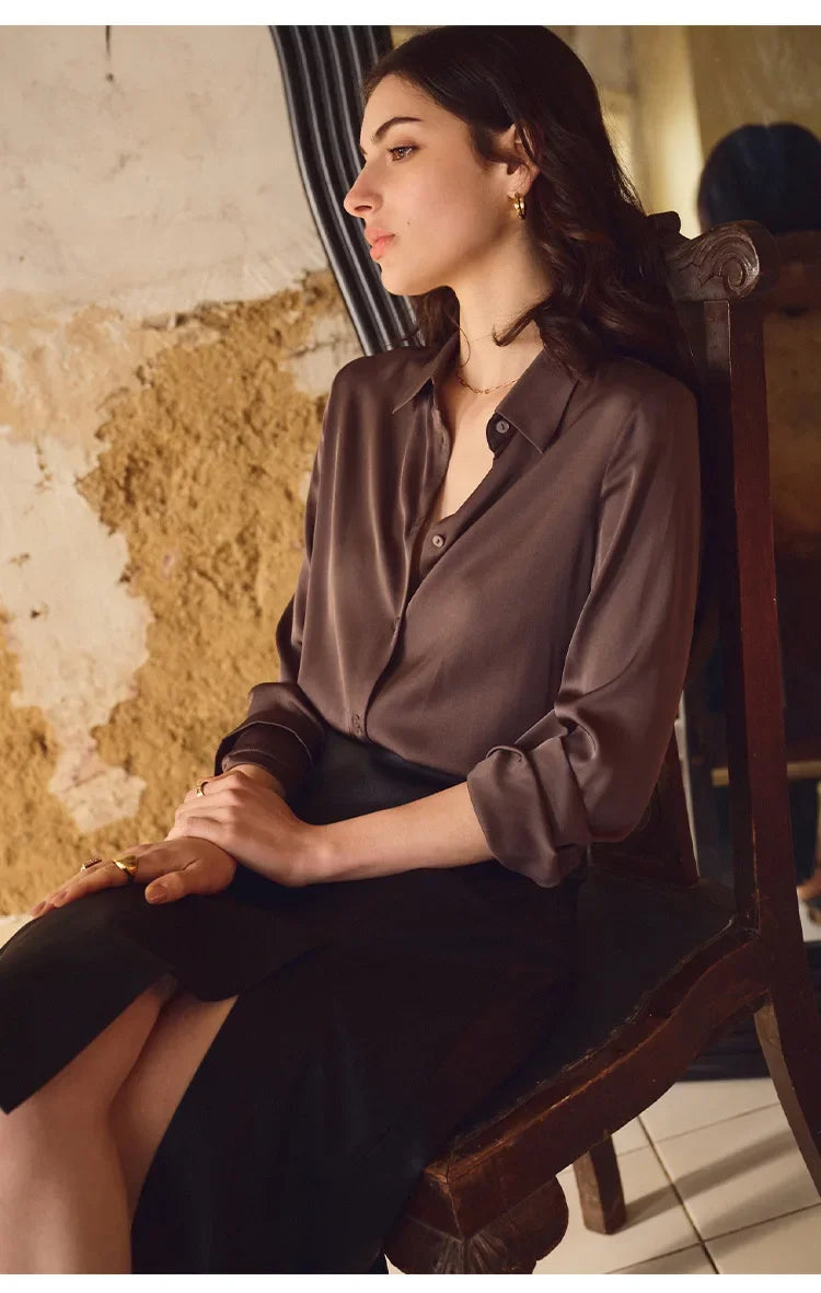 Satin Solid Long Sleeve Polo Neck Blouse