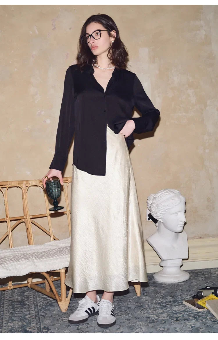 Satin Solid Long Sleeve Polo Neck Blouse