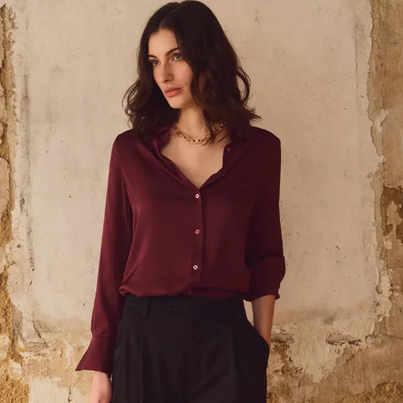 Satin Solid Long Sleeve Polo Neck Blouse