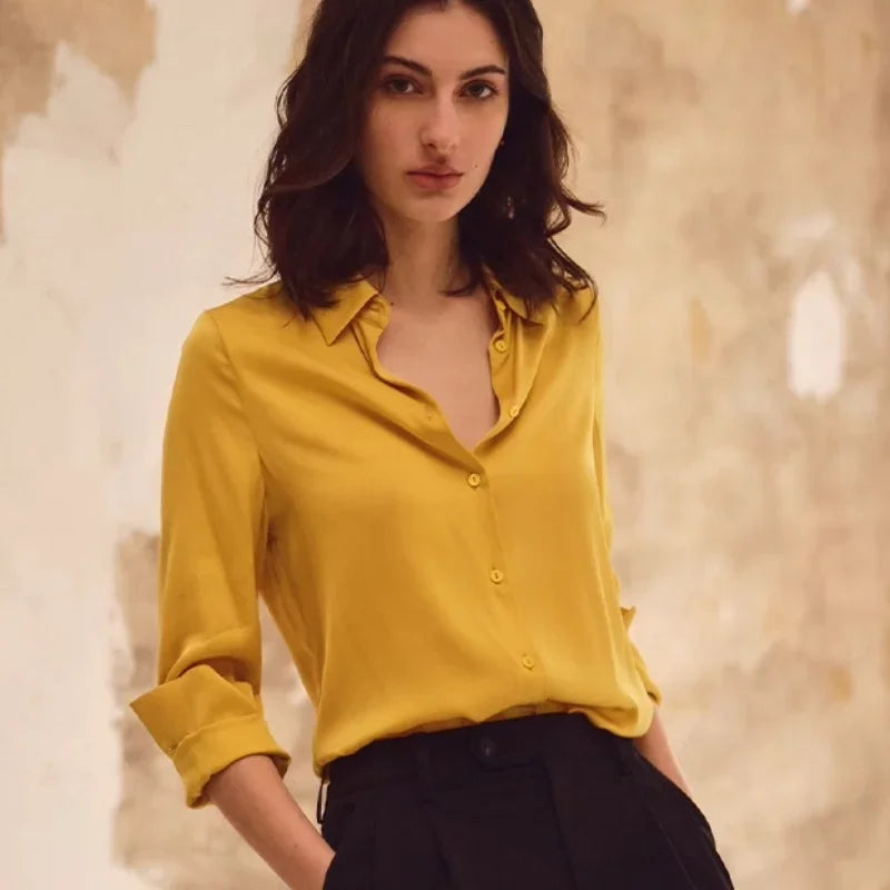 Satin Solid Long Sleeve Polo Neck Blouse