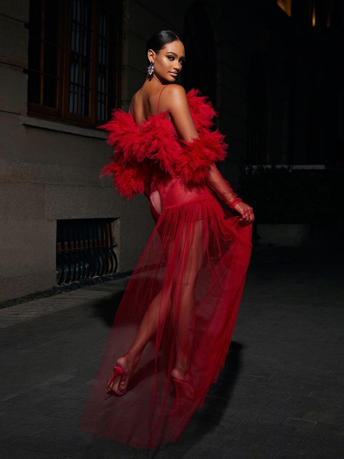 Satine Spaghetti Tulle Maxi Dress With Gloves - View 4