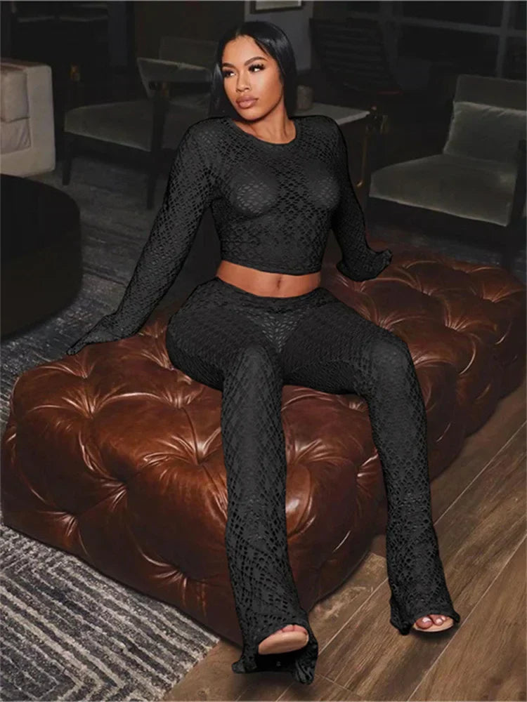 Long Sleeve Crop High Waist Black Two Piece Pants Set