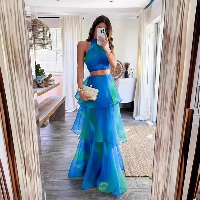 Elegant Off-Shoulder Halter Blouse and Skirt Set for Women