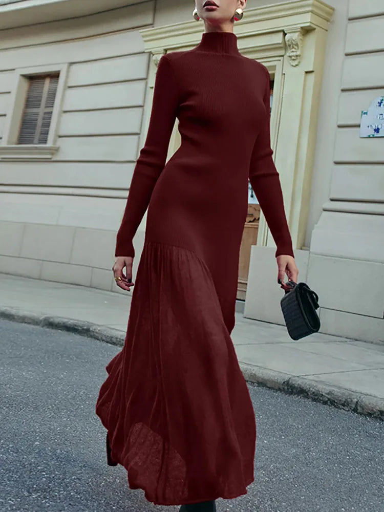 Elegant Fashionpara High Collar Knitted Maxi Dress for Fall