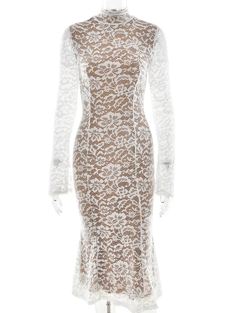 Lace White Long Sleeve Turtleneck Dress - View 6