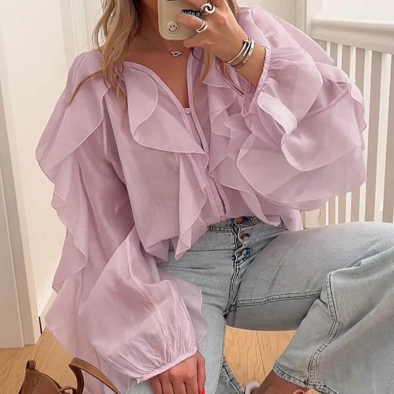 Elegant V-neck Long Sleeve Ruffle Blouse for Office Wear