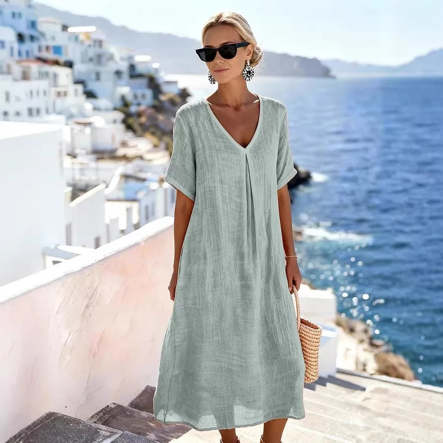 V-Neck Short Sleeve Linen Look Midi Dress 4