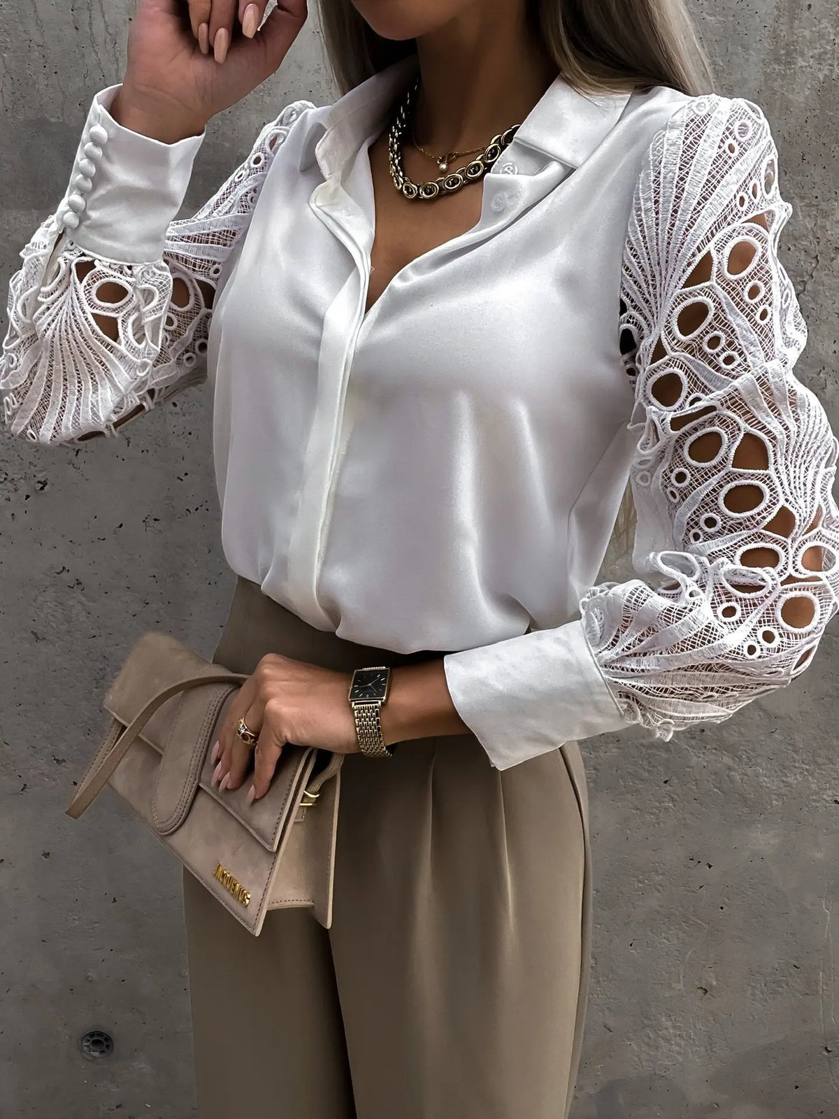 Collared Button Front Eyelet Lace Sleeve Blouse 3