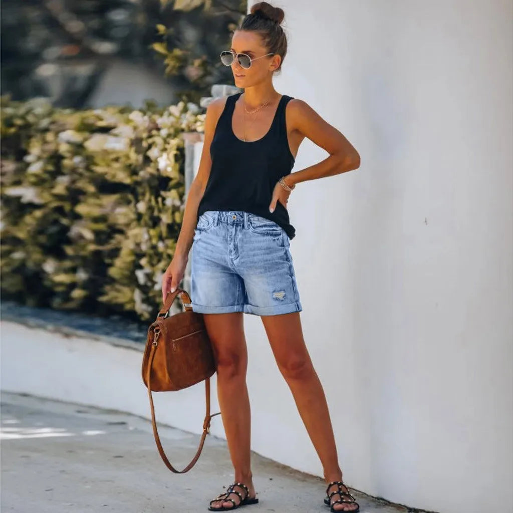 High Waist Distressed Rolled Hem Denim Shorts