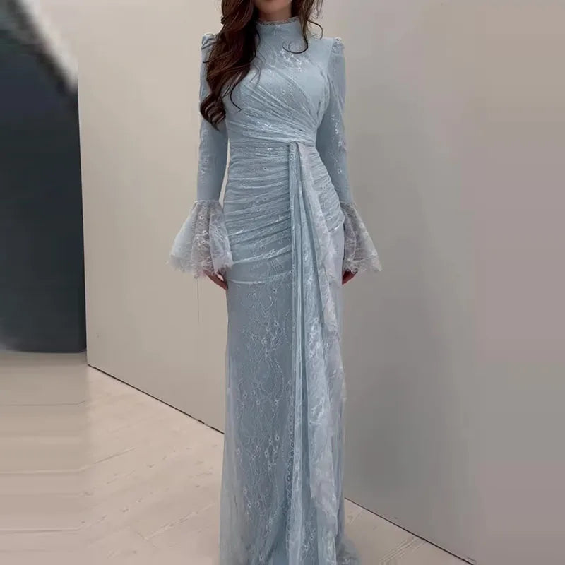 Elegant Turtleneck Lace Embroidery Long Sleeve Dress