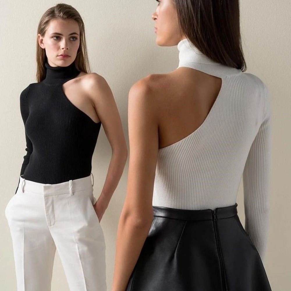 More To Make Knitted Turtleneck One-Shoulder Bodysuit