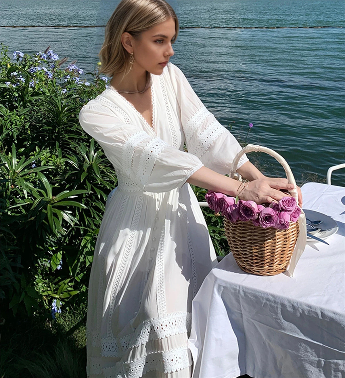Vintage V-neck Cotton Floral Lace Boho Dress