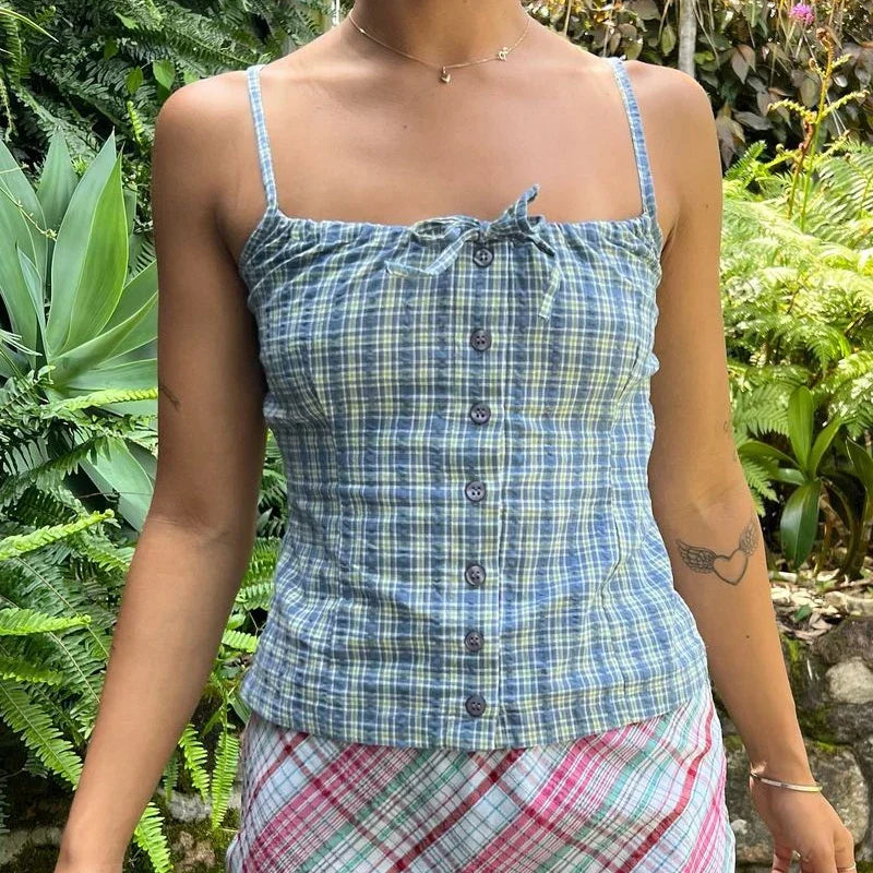 Y2K Plaid Print Sleeveless 00s Aesthetic Front Button Retro Backless Slim Fit Crop Top