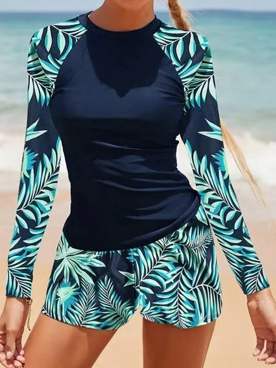 Printed Long Sleeve Surf Two Piece Set