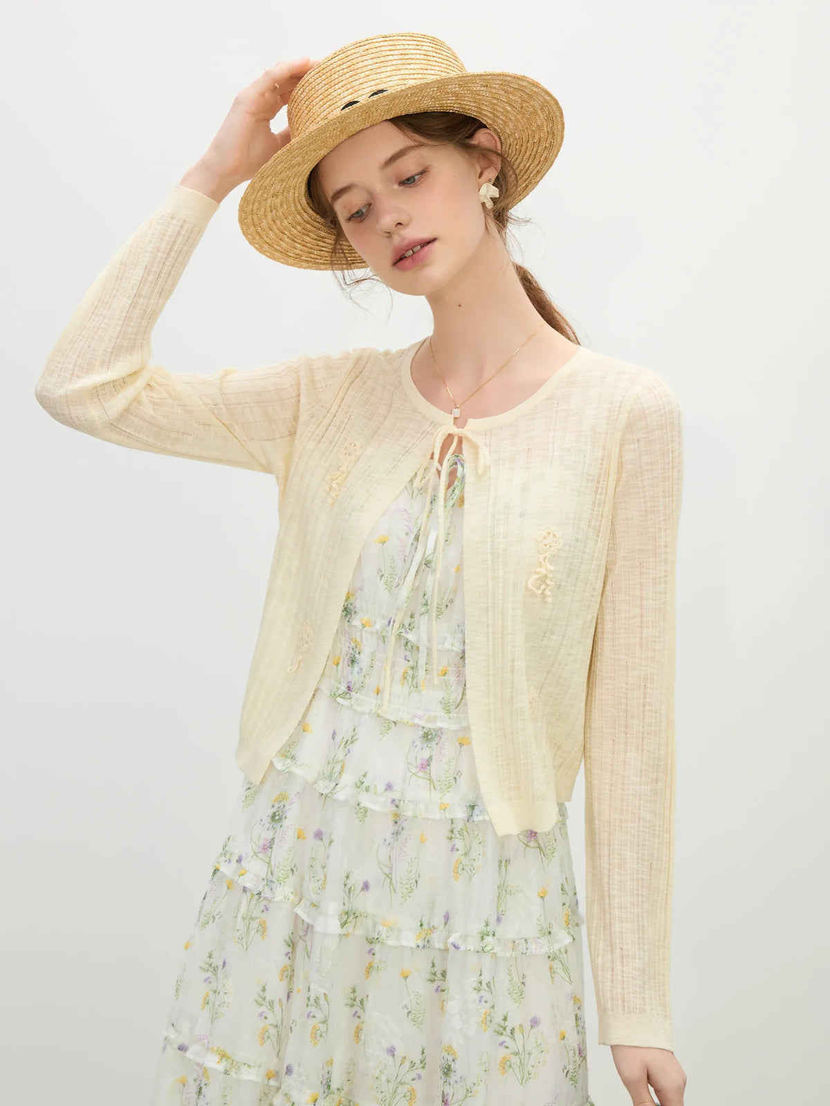 Floral Strap Hollow Knit Summer Cardigan