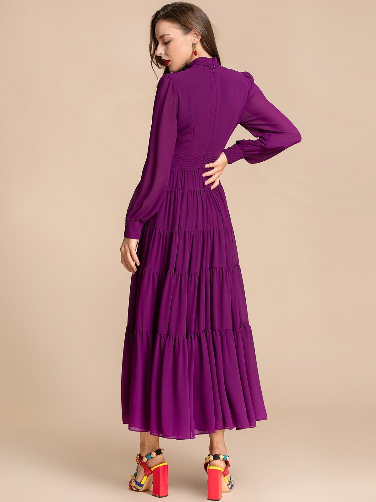 Chiffon Tie Neck Long Sleeve Tiered Maxi Dress