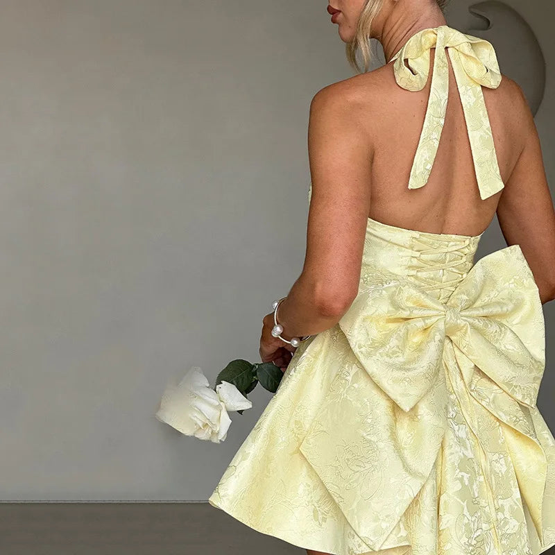 Jacquard Bow Backless Pink Party Dress