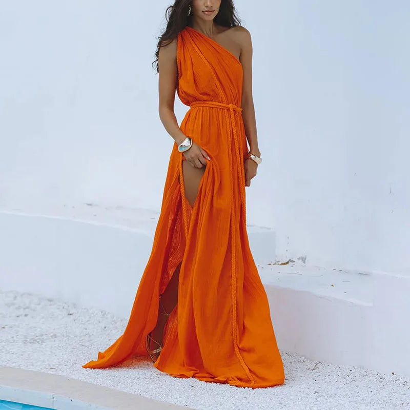 Braided Rope Trim One Shoulder Belted High Split Maxi Dress - View 5