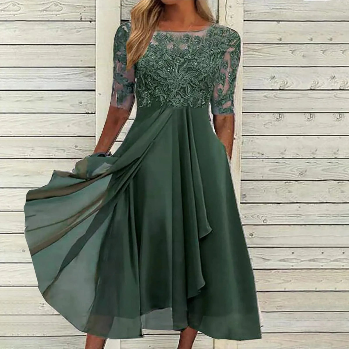 Lace Bodice Sheer Yoke Elbow Sleeve Pocket Pleated Chiffon Midi Dress - View 3