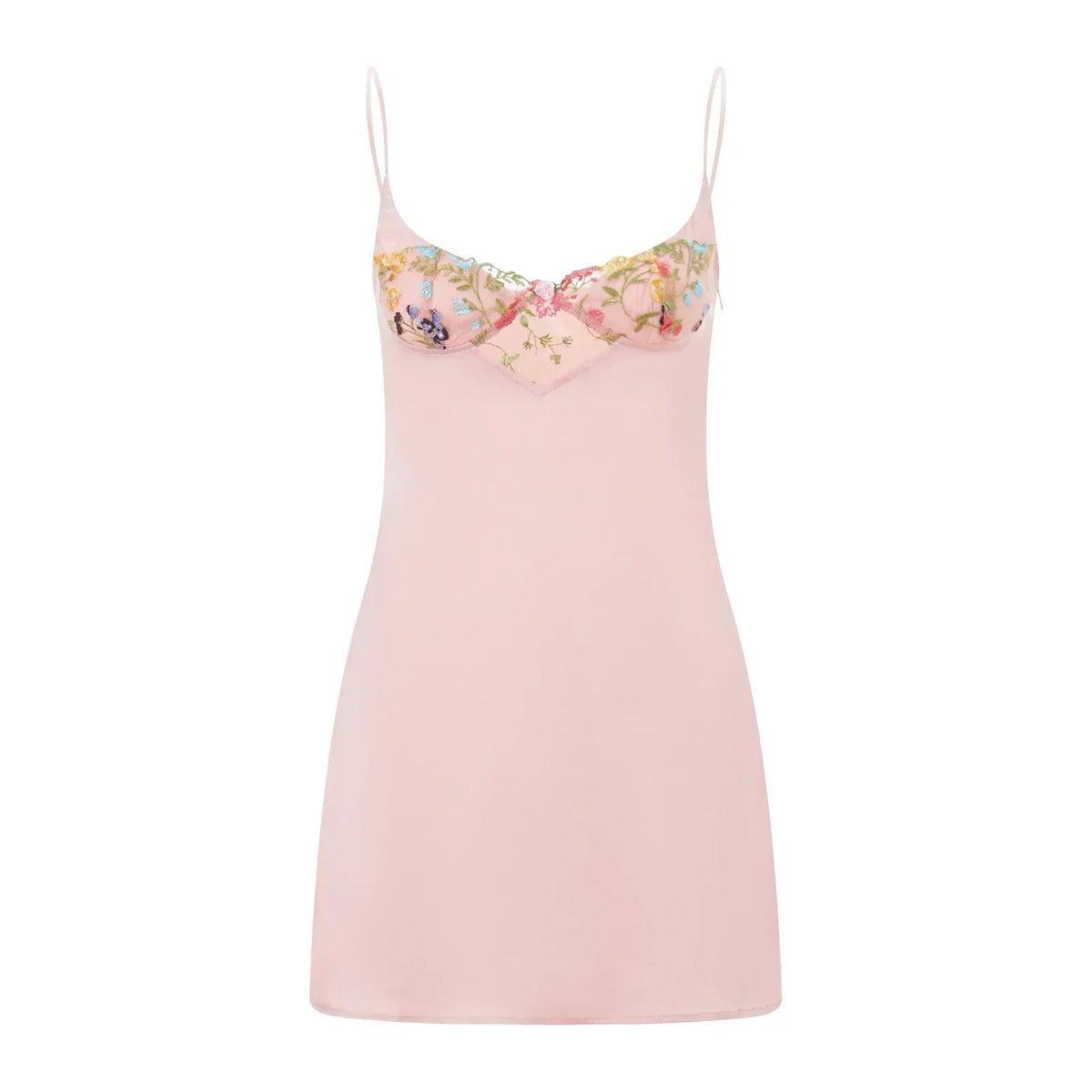 Satin Sweetheart Spaghetti Strap Floral Embroidery Slip Mini Dress - View 5