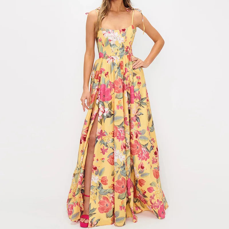 Elegant Floral Print Off-Shoulder Pleated Gown for Women