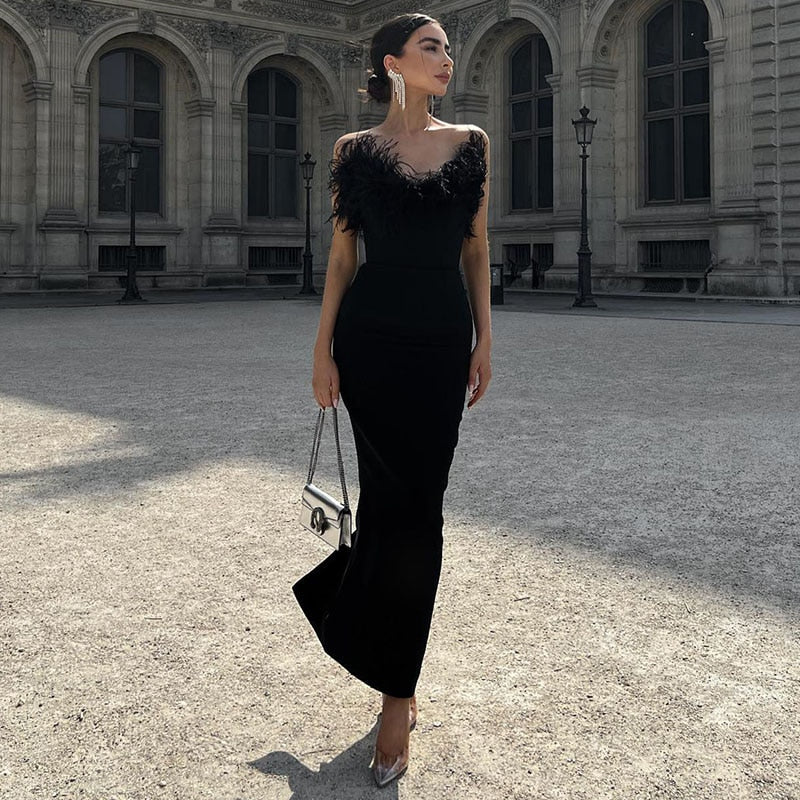 Feather Trim Strapless Satin Midi Dress