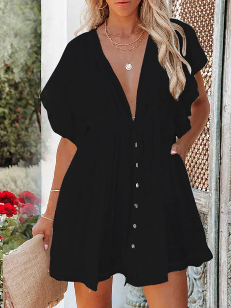 Deep V-Neck Ruffle Lace Up Beach Cover Up