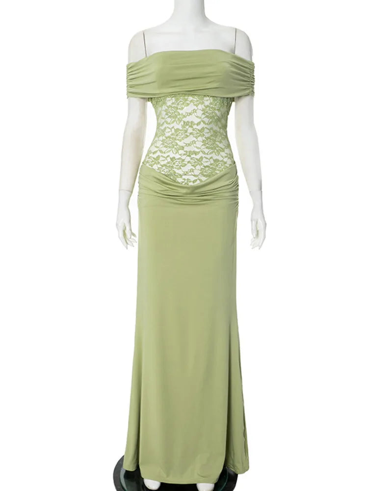 Off - shoulder Strapless Green Lace Sheer Long Dress - View 7