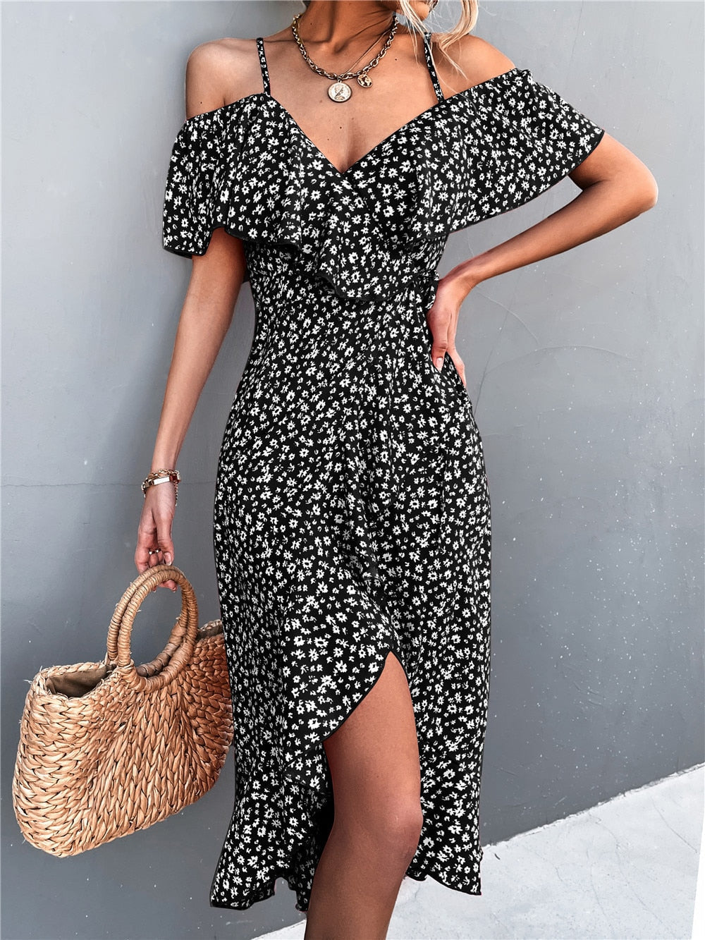 Cold Shoulder Ruffle Trim Wrap Tie Waist High Split Midi Dress - View 6