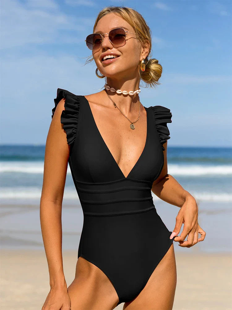Red Deep V Backless One Piece Set
