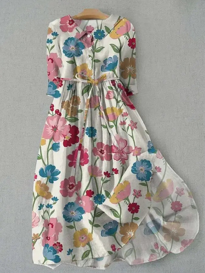 Floral Collared Button Front Tie Waist Midi Shirt Dress