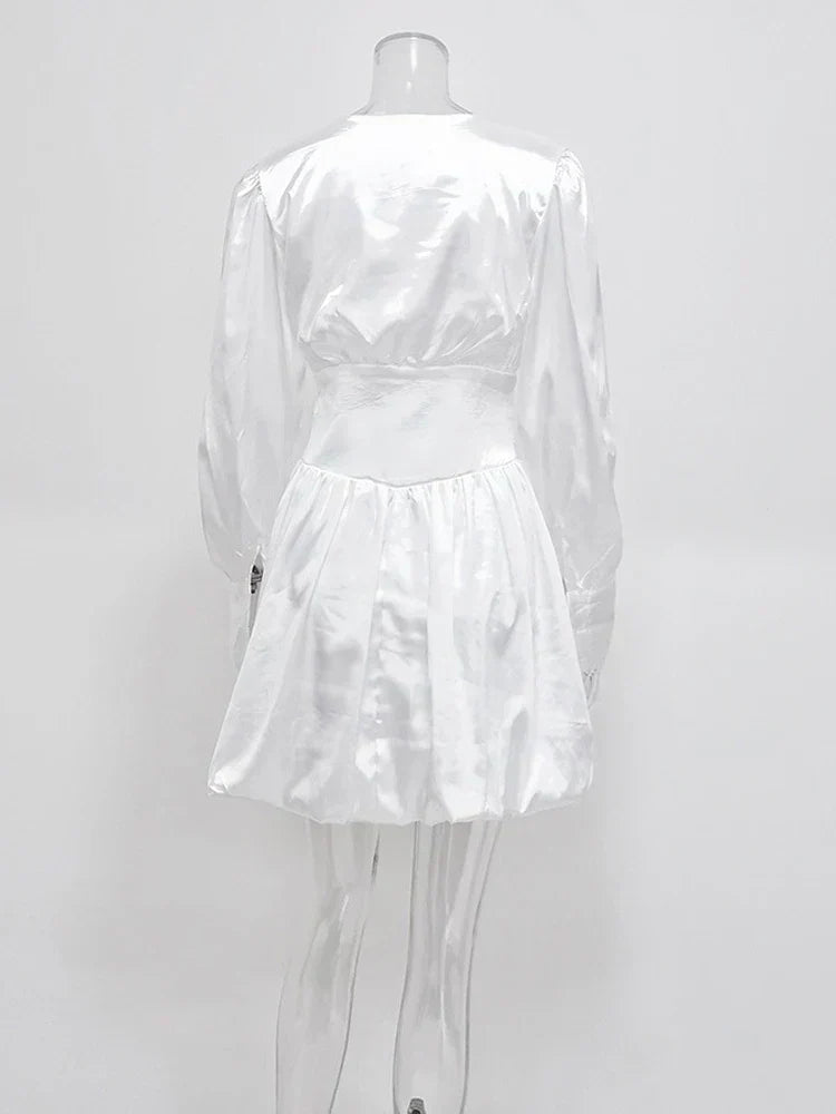 Deep V-Neck Puff Sleeve Corset Waist Bubble Skirt Mini Dress - View 6