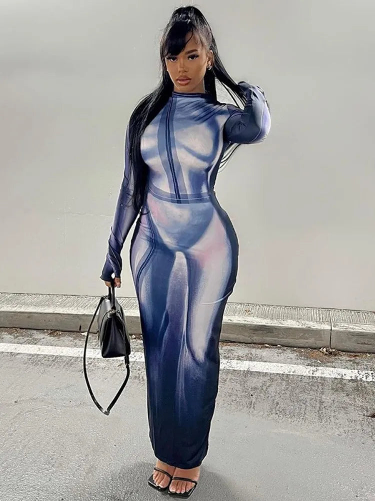 Body Print Mock Neck Long Sleeve Bodycon Maxi Dress - View 4