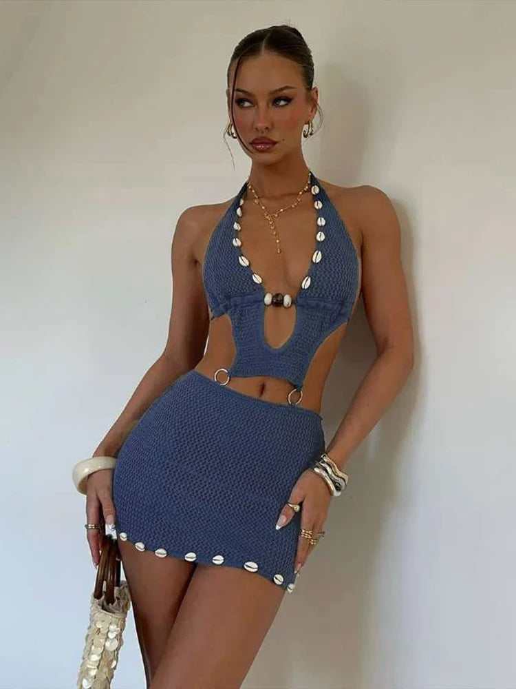 Crochet Shell-Trim Halter Cut-Out Two-Piece Set 5