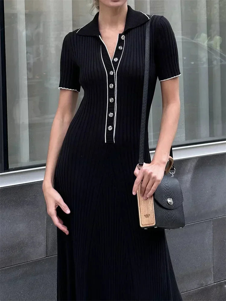 Ribbed Knit Polo-Collar Short-Sleeve Button-Front Maxi Dress 10