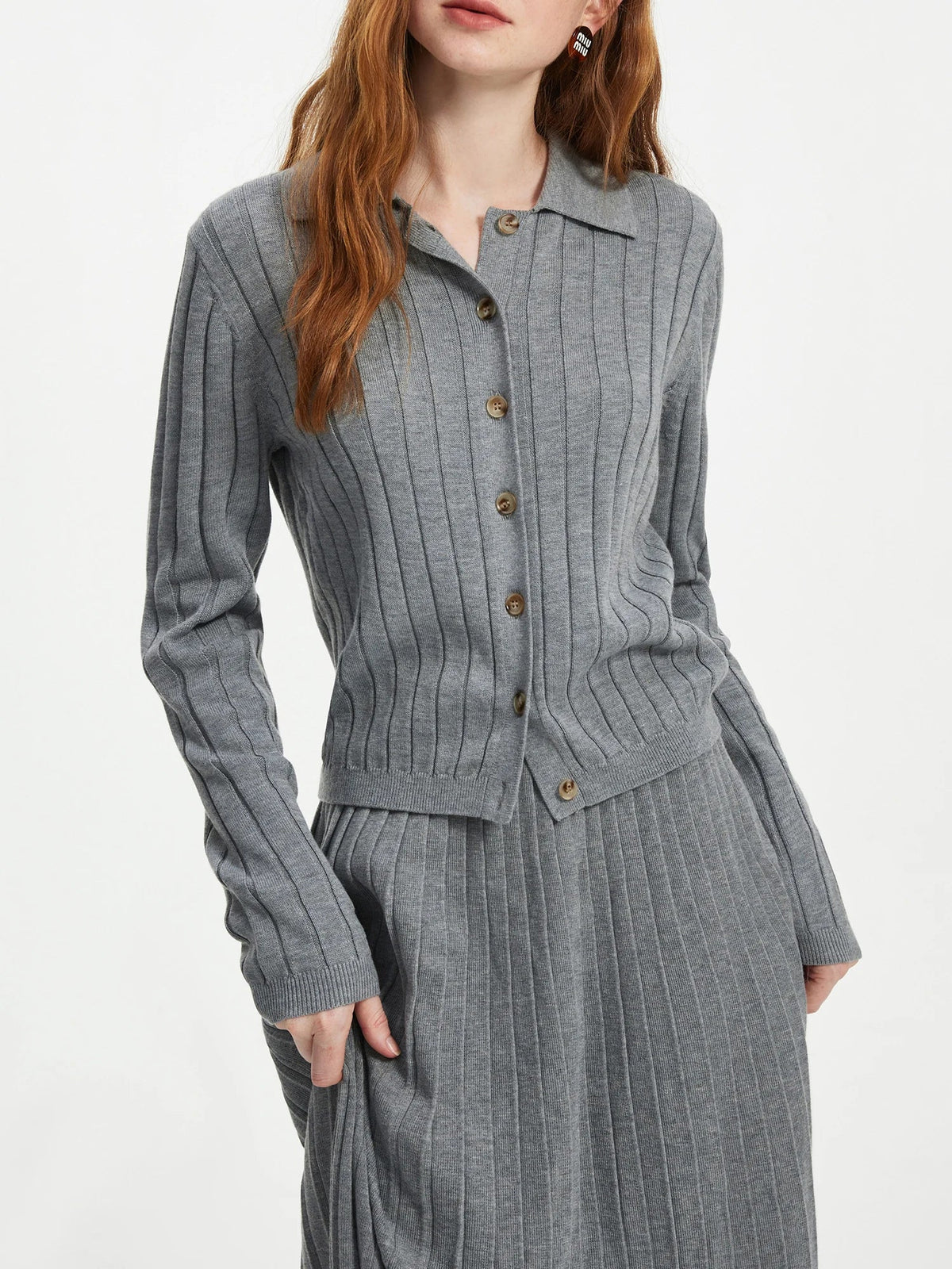 Wool Gray White Knit Set Style Cardigan