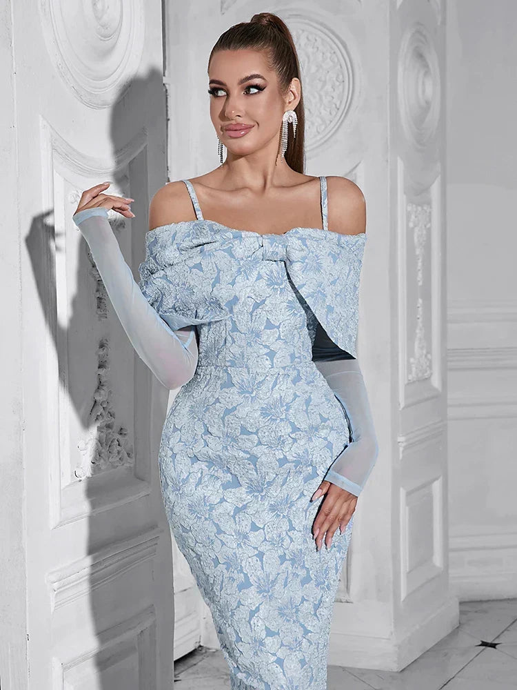 Floral Jacquard Cold Shoulder Mesh Long Sleeve Bodycon Midi Dress - View 6