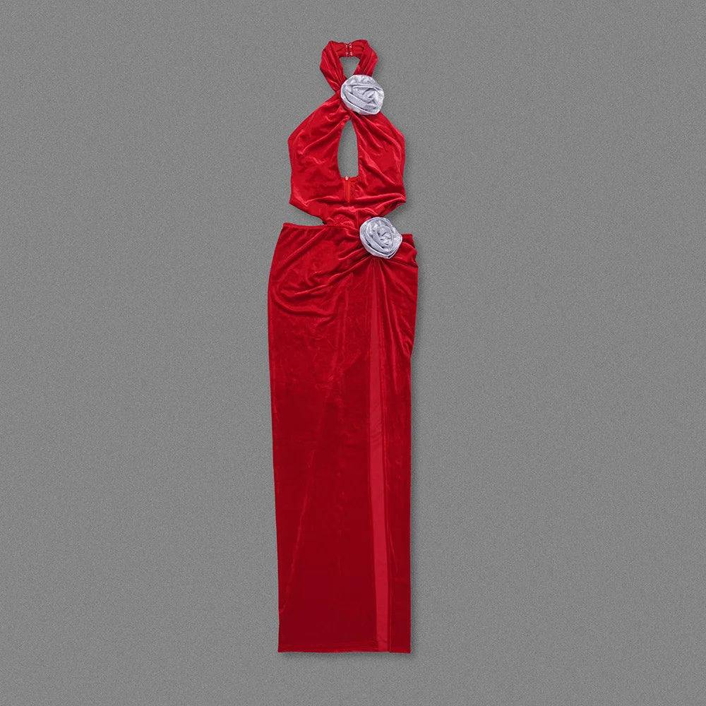 Velvet Halter Neck Cut Out 3D Flower High Split Maxi Dress - View 2