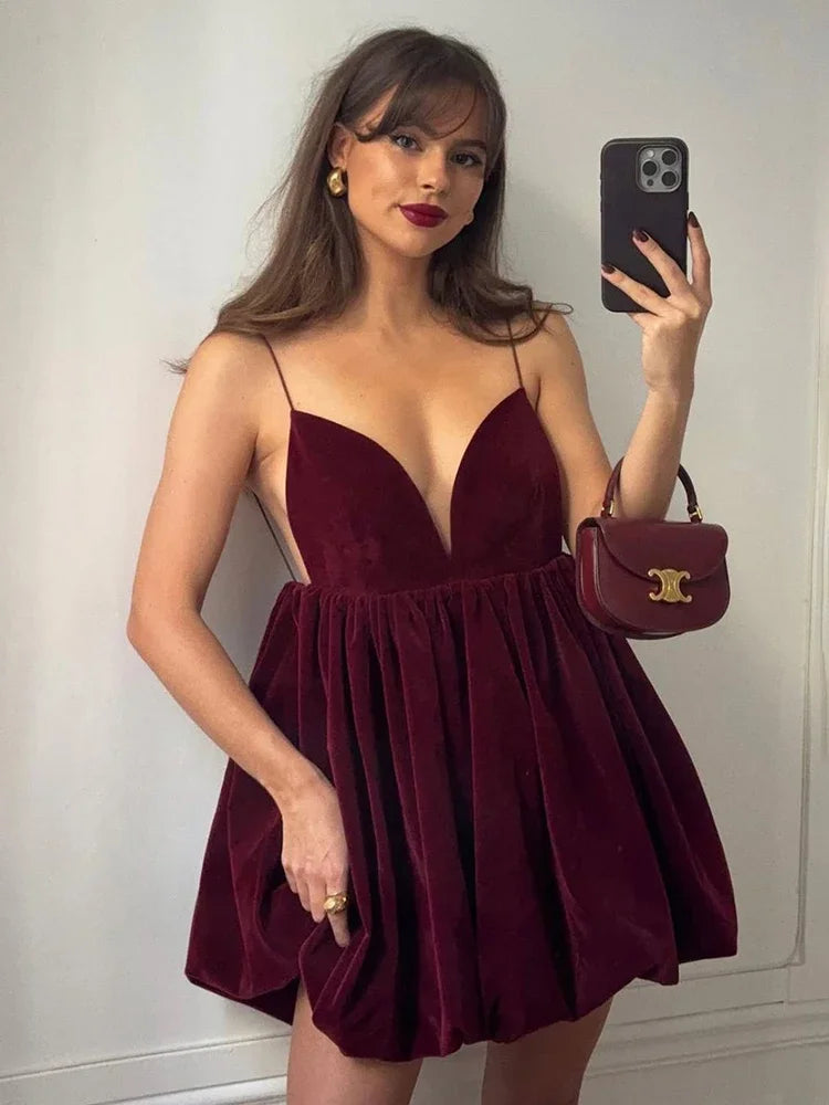 Velvet Deep V Neck Mini Lantern Dress - View 2