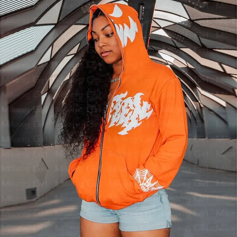 Gothic Spider Web Oversized Hoodie - Fashionpara