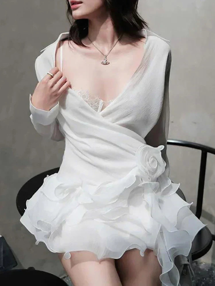 Sheer Long Sleeve Wrap Shirt Collar Rosette Tiered Ruffle Mini Dress - View 2