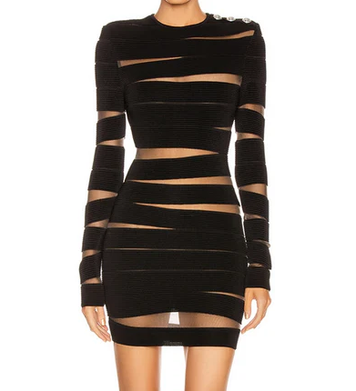 Mesh Insert Long Sleeve Round Neck Cut Out Bodycon Bandage Mini Dress