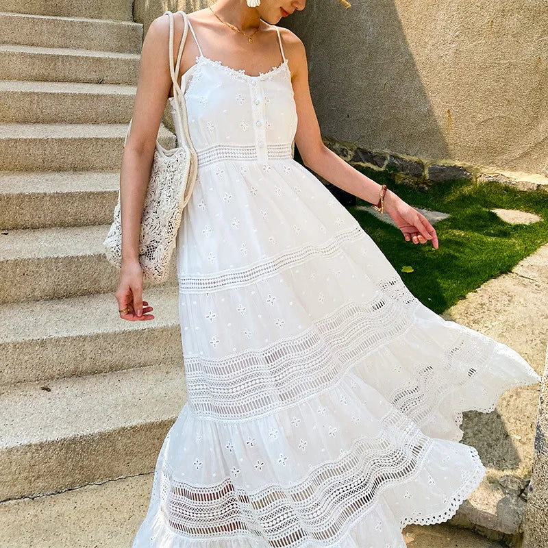 Sleeveless Back Elasticity White Cotton Boho Dress