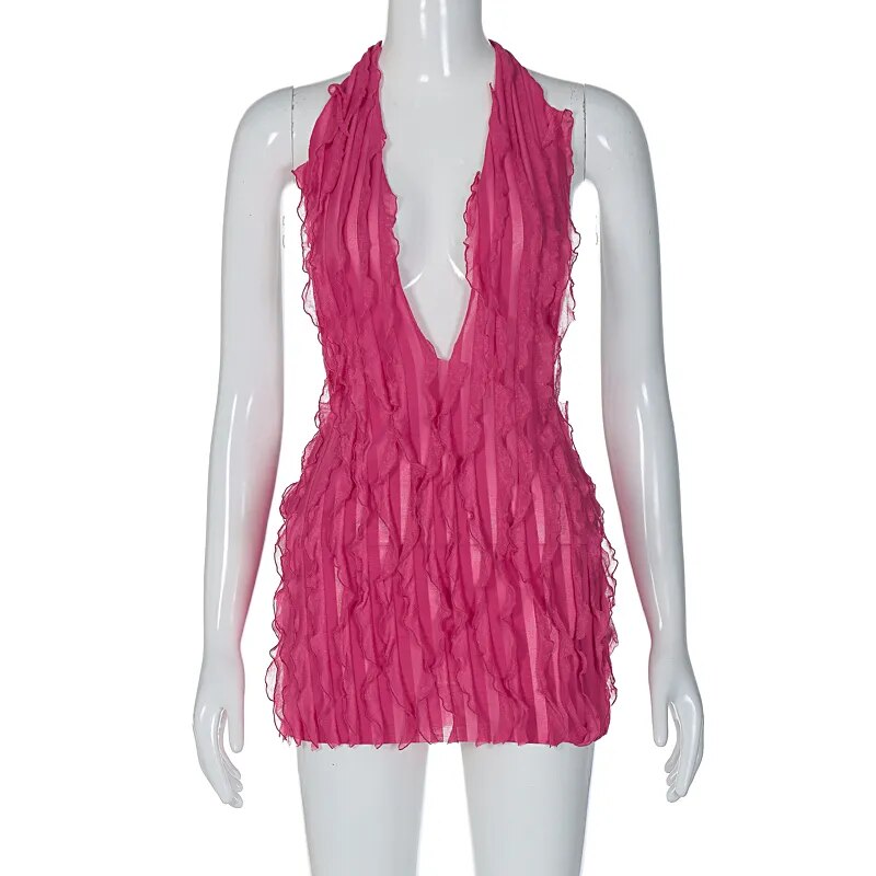 Halter Neck Plunge Backless Textured Mini Dress 3