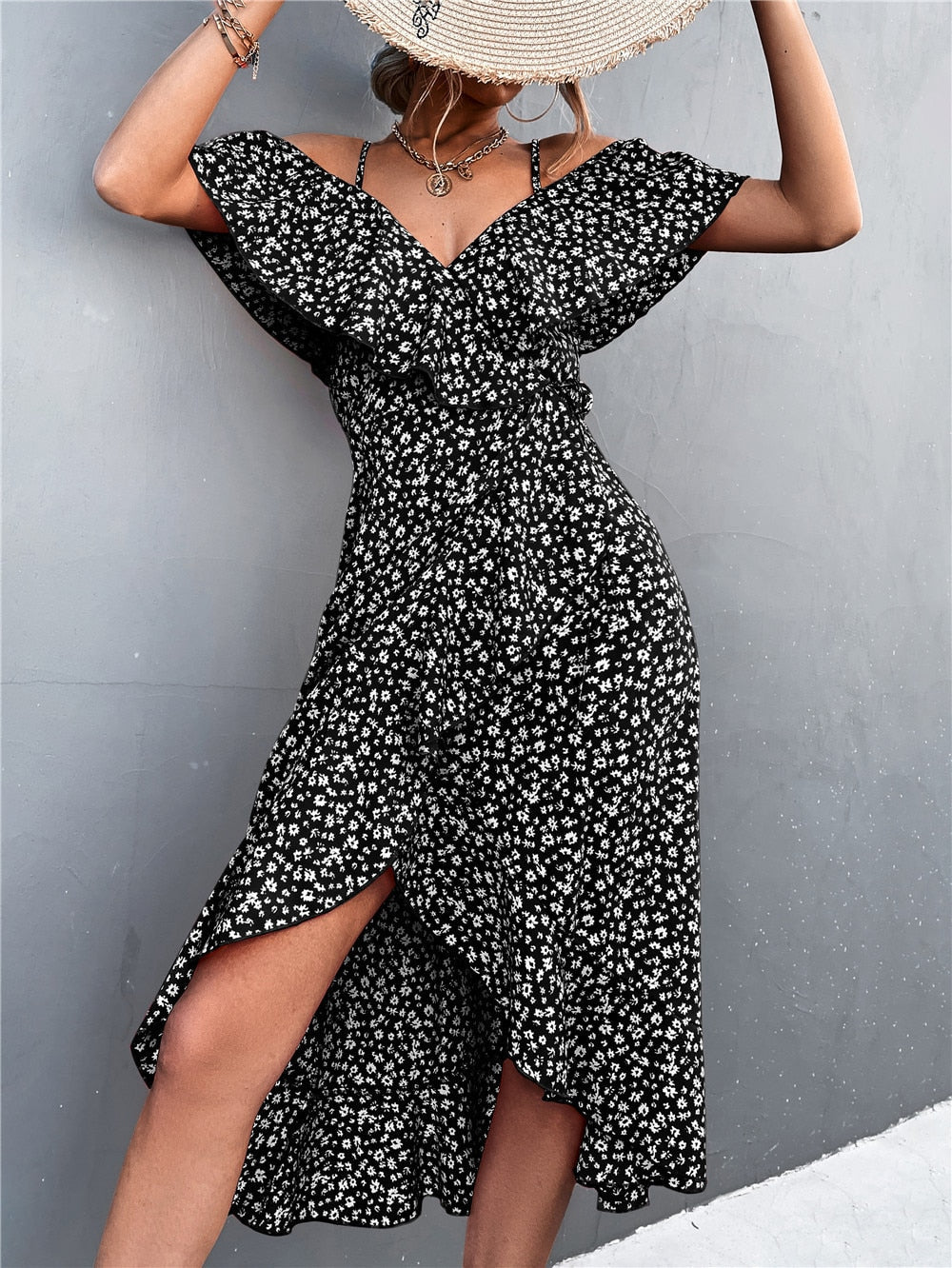 Cold Shoulder Ruffle Trim Wrap Tie Waist High Split Midi Dress - View 3