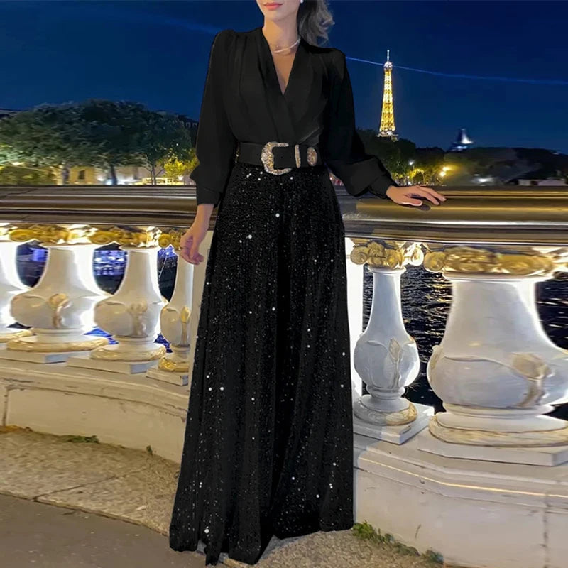 Elegant Sequin Wide Leg Pants and V-Neck Blouse Set