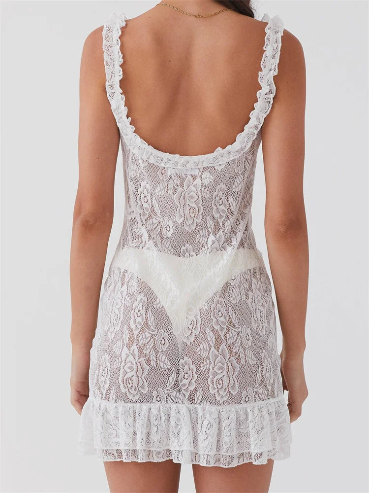 Vneck Backless Lace Slim Fit Mini Dresses - View 3