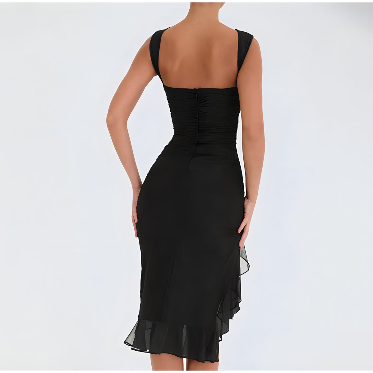 Ruched Crew Neck Sleeveless High Low Ruffle Hem Midi Dress - View 3