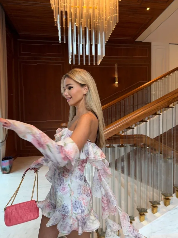 Pink Chiffon Off Shoulder Layered Floral Dress - View 5