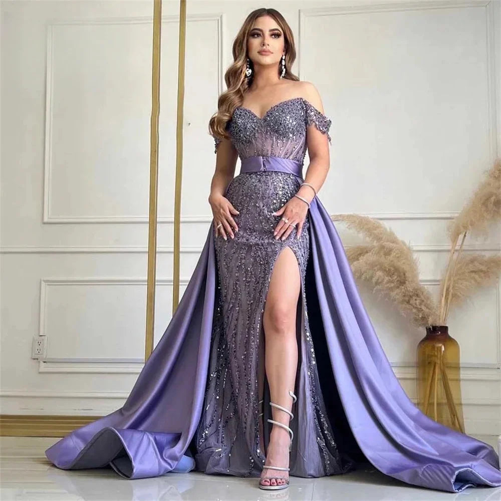 Sequin Off-Shoulder High-Slit Overskirt Mermaid Gown